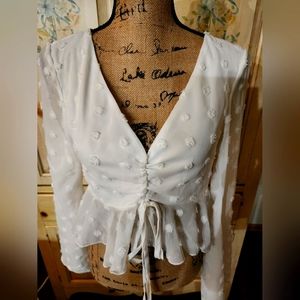 DOUBLE crazy Off White Sheer, bell sleeve, drawstring, Swiss dot peplum top